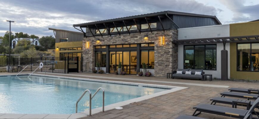 pool with building in the background